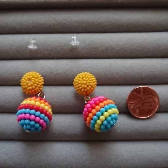 Seed Beaded Ball Drop Earrings - yellow/red/bluecolor combo - Picture 2 of 6